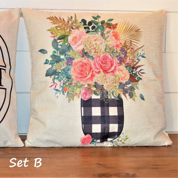 NEW - Set of 2 - Farmhouse Floral Buffalo Plaid Pillow Covers 18x18 - Picture 3 of 4